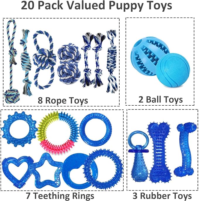 Puppy Chew Toys for Teething and Fun, 20 Pack Dog Toys for Small Puppies Bulk with Various Rubber Rings, Ropes and Balls for Interactive Play, Teeth Cleaning & Relief