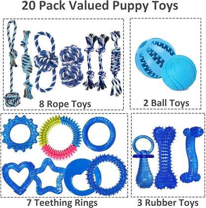 Puppy Chew Toys for Teething and Fun, 20 Pack Dog Toys for Small Puppies Bulk with Various Rubber Rings, Ropes and Balls for Interactive Play, Teeth Cleaning & Relief