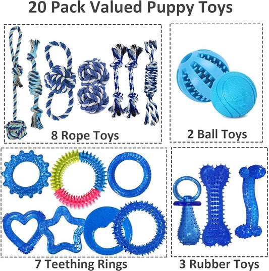 Puppy Chew Toys for Teething and Fun, 20 Pack Dog Toys for Small Puppies Bulk with Various Rubber Rings, Ropes and Balls for Interactive Play, Teeth Cleaning & Relief