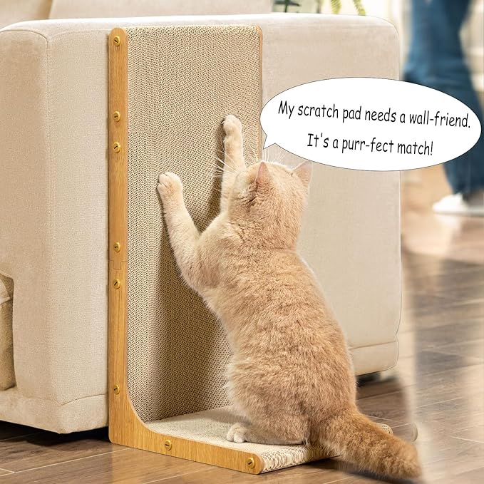 Cardboard Cat Scratcher, 23" L-Shaped Scratch Pad, Vertical Wall-Leaning Scratching Board to Protect Furniture for Indoor Cats,Wood Grain Large