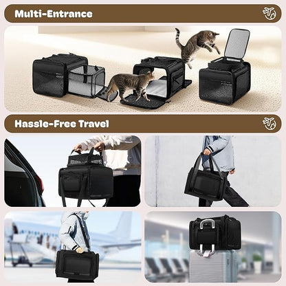 Top and 2 Sides Expandable Cat Carrier 18x11x11, TSA Airline Approved Dog Carriers for Small Dogs, Soft-Sided Pet Carrier with Self-Locking Zippers for Kitten,Rabbit, Puppy, Guinea Pig Black