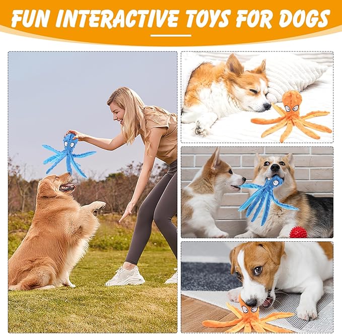 2 Pcs Octopus Dog Toys, No Stuffing Squeaky Dog Toys Chew Toys for Dogs Puppy Toys Indestructible Dog Toy for Small & Medium & Large Dogs (Blue,Orange)