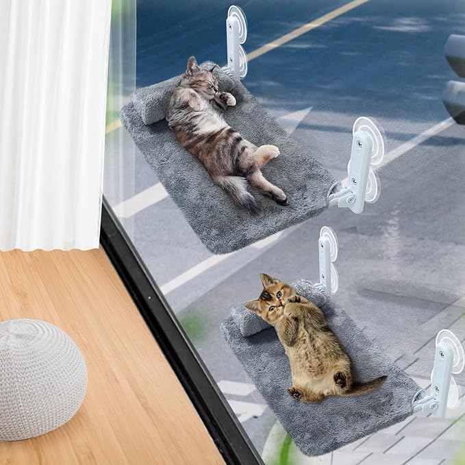 2-Pack Cat Window Perch for Cats Inside Cordless, Sturdy Foldable Cat Hammock Bed for Window with Pillow, Pet Window Seat with Metal Frame and Reversible Cover, Pet Perch Bed Shelf for Cats Inside(L)