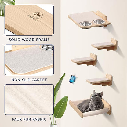 Space-Saving Cat Wall Shelves – Interactive Cat Wall Climber with Hammock & Dog Proof Feeding Station for Small & Medium Indoor Breeds – Solid Natural Wood with Beige Carpet