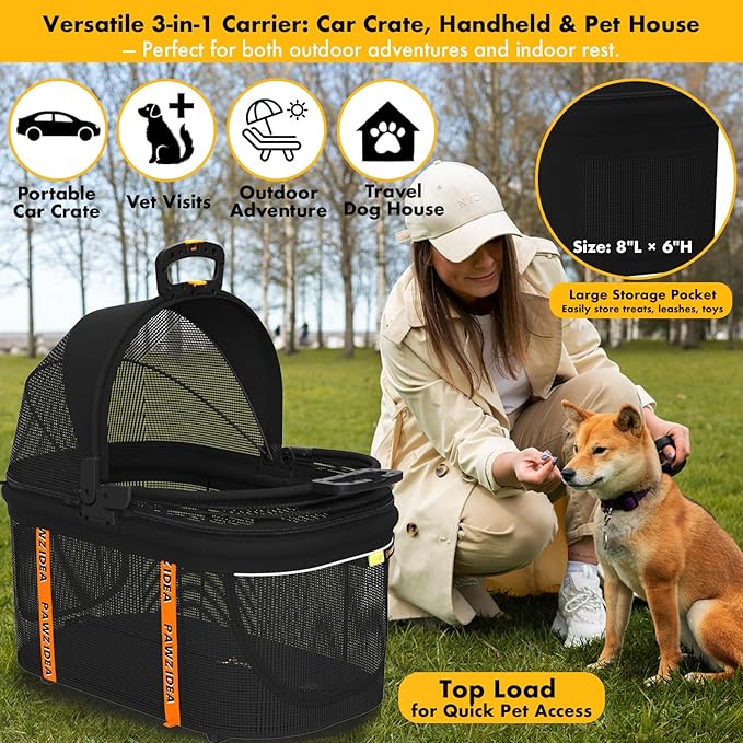 PAWZIDEA Portable Small Dog Crate for Car Travel up to 33lb, Enclosed Dog Car Seat Soft-Sided, Escape-Proof Reversible No-Zip Canopy, Foldable Pet Carrier Seatbelt for Small Medium Puppy & Cats Kennel