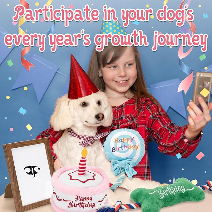 7Pcs Dog Birthday Toys Gifts, No-Mess Paw Print Keepsake Kit with Squeaky Dog Cake Toy, Plush Crinkle Toy, Pet-Safe Ink Pad & Photo Frame for Small Medium Dogs