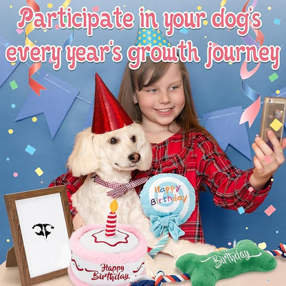7Pcs Dog Birthday Toys Gifts, No-Mess Paw Print Keepsake Kit with Squeaky Dog Cake Toy, Plush Crinkle Toy, Pet-Safe Ink Pad & Photo Frame for Small Medium Dogs