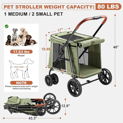 Medium Dog Stroller, Dual Entry One-Touch Folding,Small and Medium Pet Stroller,360° Rotating Front Wheels,80 lbs Weight Capacity for Outdoor Travel and Elderly Dogs - Green