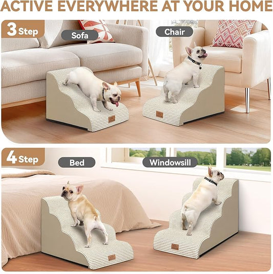 Dog Ramp and Stair for Bed 16" H-20 H,3-Step Cat Stair for Sofa and Chair,4-Step Dog Ramp for High Bed and Window,Durable Nonslip Fabric Cover for Indoor (Beige-20 H, Pet Friendly, 4)