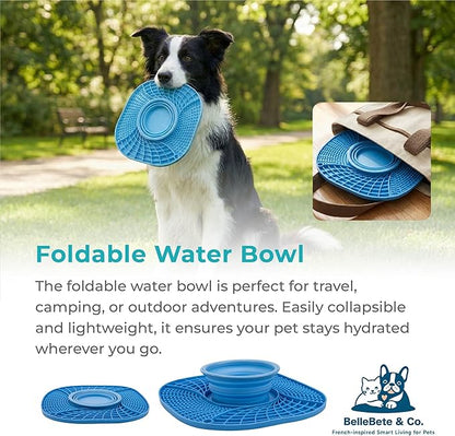 BelleBête & Co. 3-in-1 Pet Slow Feeder Lick Mat with Collapsible Bowl for Dog & Cat – Food-Grade Material & Non-Slip Base for Kibble, Dry and Wet Food, Digestive Health & Reduce Anxiety | Blue