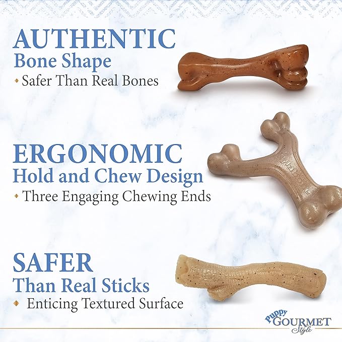 Nylabone Gourmet Style Femur, Wishbone, & Stick Strong Chew Toy for Puppies, Bacon, Chicken & Peanut Butter Flavor, Small - Up to 25 Ibs, 3 Pack