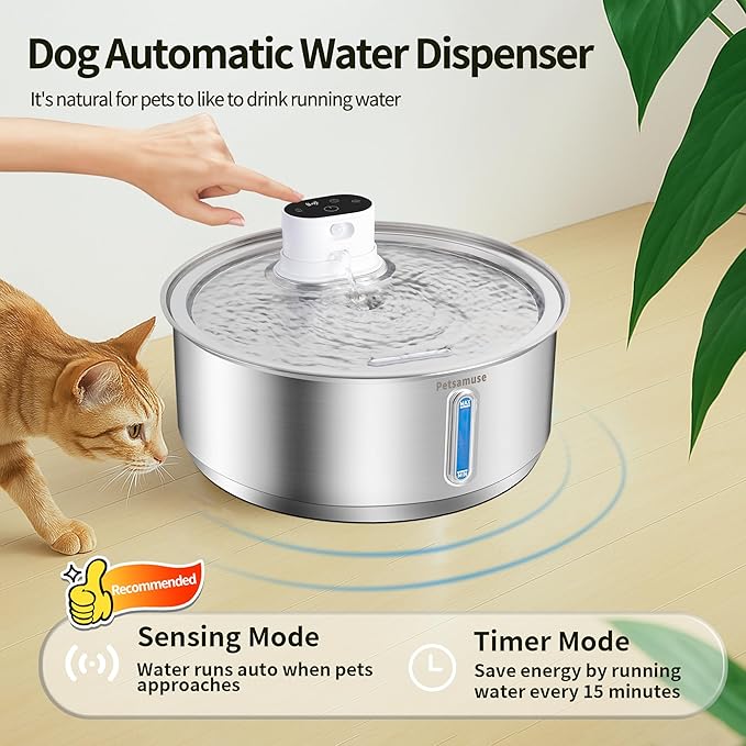 Wireless Dog Water Fountain, 2.1Gal/8L Battery Operated Stainless Steel Pet Water Fountain Motion Sensor Dog Water Bowl Large Cat Bowl Inside with 3 Filters and 2 Ultra Quiet Pumps