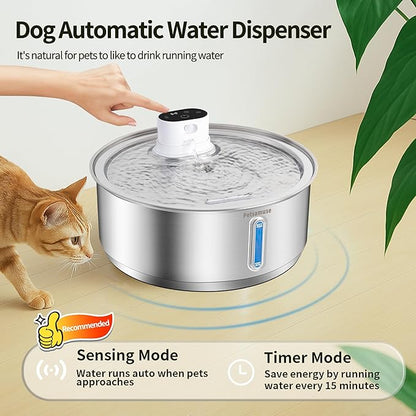 Wireless Dog Water Fountain, 2.1Gal/8L Battery Operated Stainless Steel Pet Water Fountain Motion Sensor Dog Water Bowl Large Cat Bowl Inside with 3 Filters and 2 Ultra Quiet Pumps