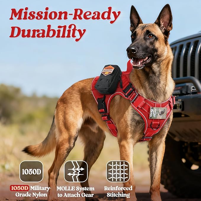 rabbitgoo Tactical Dog Harness for Large Dogs, No Pull Upgraded Reflective Heavy Duty Molle Vest with Handle, Adjustable Military Service Dog Vest for Walking Hiking Training, Red, L