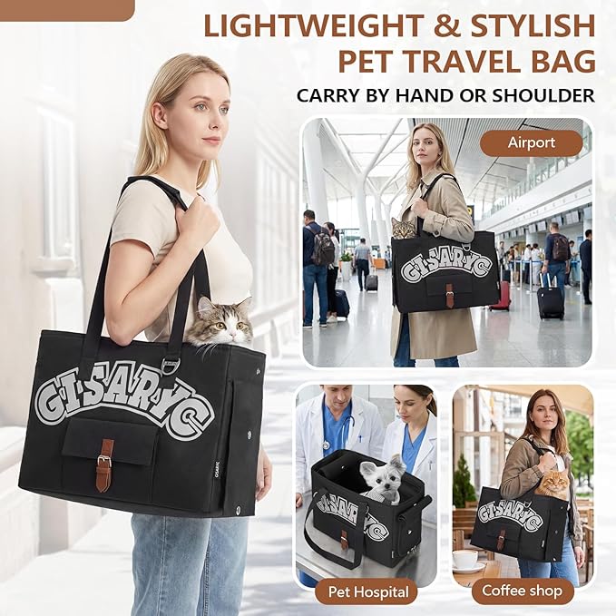 Dog Purse Carrier for Small Dogs, Cats and Puppies – Soft-Sided Foldable Pet Travel Bag with Multi Pockets, 3-Sided Mesh & Rollable Cover for Nervous Cats, Fits Pets up to 15 lbs (Black & Silver)