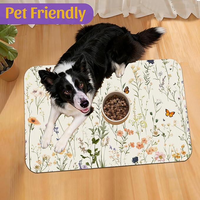 Vintage Wildflowers Herbs Pet Feeding Mat, Absorbent Bowl Pad, Quick Dry, Non-Slip Base, No Stains – 16x24 Inch