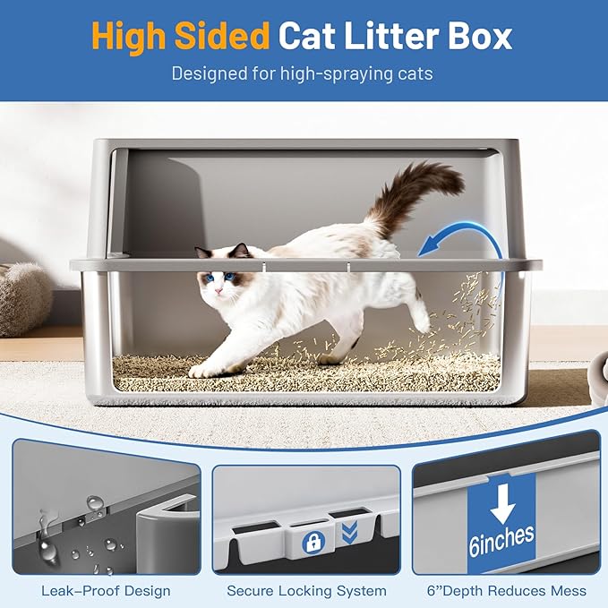 2 Pack XL Stainless Steel Cat Litter Box with Lid and High Sides, 24" L x 16" W x 12" H Extra Large Metal Cat Litter Boxes for Big Cats, Leak-Proof, Non-Stick, Odor-Resistant, Includes Scoop