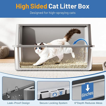 2 Pack XL Stainless Steel Cat Litter Box with Lid and High Sides, 24" L x 16" W x 12" H Extra Large Metal Cat Litter Boxes for Big Cats, Leak-Proof, Non-Stick, Odor-Resistant, Includes Scoop