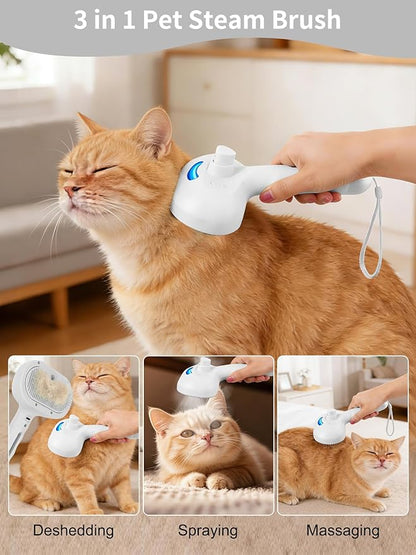 Dog Steam Brush Self Cleaning 3 in 1 Cat Steam Brush for Hair Shedding Massaging Grooming,Reducing Flying Fur & Static,Spray Comb with Storage String for Long Short Haired Furry Pets - White