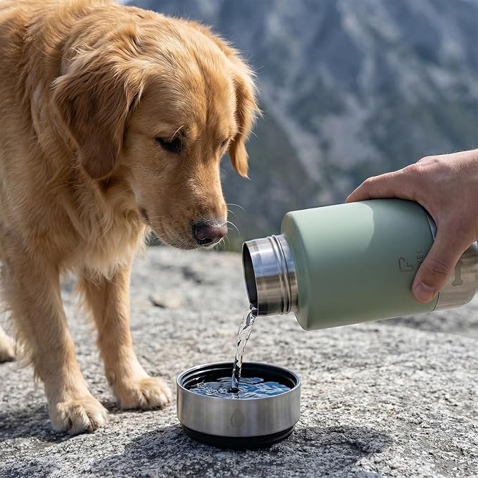32oz Insulated Dog Water Bottle Dispenser, 3-in-1 Stainless Steel Travel Cup with 2 Detachable Food and Water Bowls, Leak Proof Large Pet Gear, Ideal Gift for Dog Lovers
