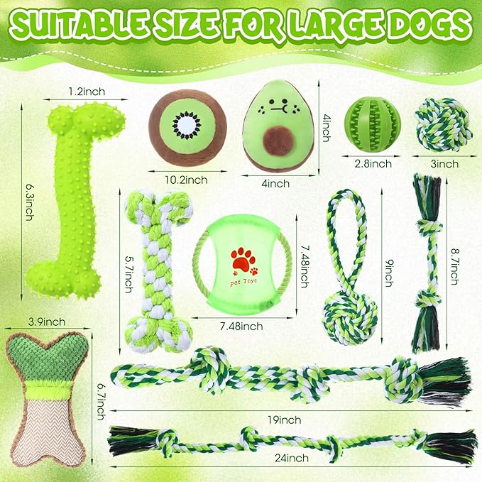 Vinsot 12 Pack Large Dog Chew Toys for Aggressive Chewers Green Dog Gifts Teething Toys with Dental Rope Squeaky Balls and Chew Bone for Medium Large X-Large Breeds Dogs