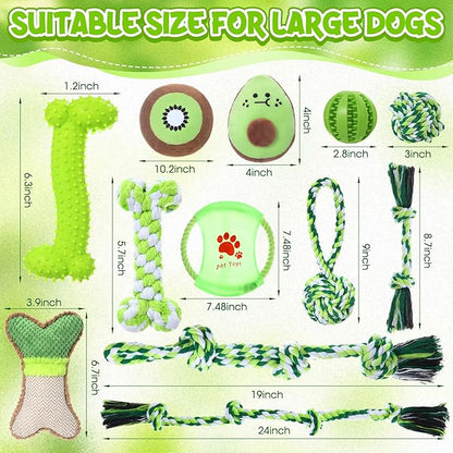 Vinsot 12 Pack Large Dog Chew Toys for Aggressive Chewers Green Dog Gifts Teething Toys with Dental Rope Squeaky Balls and Chew Bone for Medium Large X-Large Breeds Dogs
