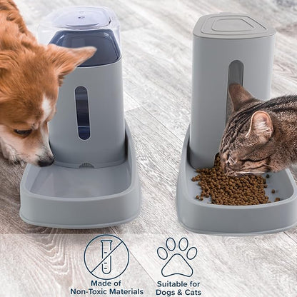 Automatic Cat Feeder and Water Dispenser - 2-Pack 3.8L/1G Pet Bowls - Gravity Automatic Cat and Dog Feeding Station - Pet Supplies by PETMAKER (Gray)