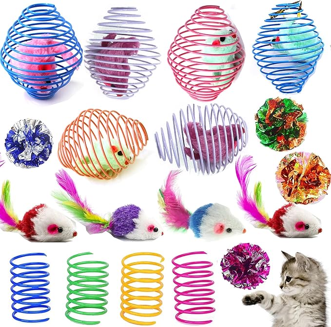 18 Pack Assorted Cat Metal Spring Balls Stretchable Large Cat Spiral Toy Crinkle Balls Interactive Kitten Rolling Coils Spring Inside Caged Rats Pet Supplies Indoor Outdoor Ferrets