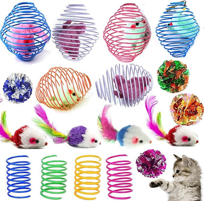 18 Pack Assorted Cat Metal Spring Balls Stretchable Large Cat Spiral Toy Crinkle Balls Interactive Kitten Rolling Coils Spring Inside Caged Rats Pet Supplies Indoor Outdoor Ferrets