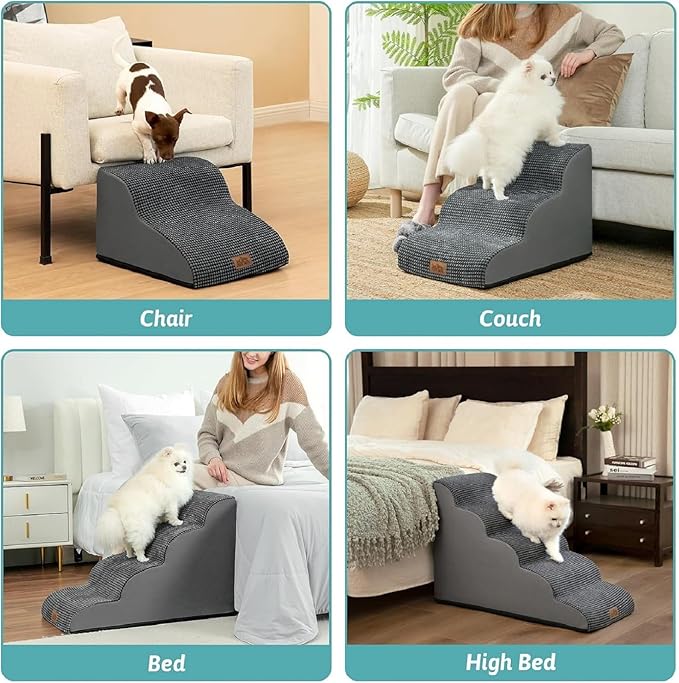 Wide Dog Stairs for Small Dog 19.7" H, Pet Step for Puppy, Older Cat, Curved Ramp for Bed, Durable Anti-Slip Ladder with High Density Foam, 4 Step, 17.7x28x19.7 inch, Charcoal Grey