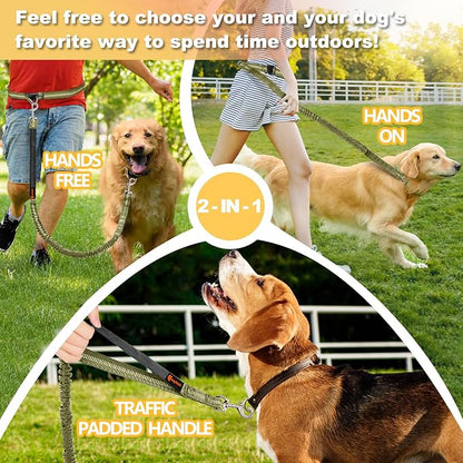 Hands Free Dog Leash, Adjustable Waist Leash for Dog, Handle Bungee 4.2-6.7 Feet Long with Reflective Stitches for Walking Hiking Running, Fits 26"- 47" Waist, Army Green