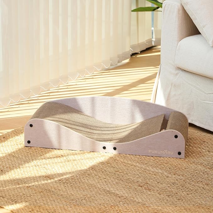 FUKUMARU Cardboard Cat Scratcher Bed, Extra Long 29.1 Inch Cat Scratch Bed Couch Indoor, Natural Felt Multifunctional Cats Scratching Lounger, Horizontal Kitten Cats Scratch Pad with Ball Toy, Camel