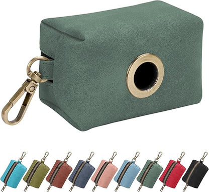 Didog Classic Dog Poop Bag Holder, Easy-Pull and Elegant PU Leather Pet Waste Bag Dispenser for Leash with Carabiner Clip, Includes 1 Roll Dog Waste Bag for Daily Walking,Green