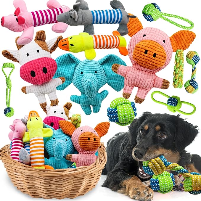 12 Pack Dog Squeaky Toys, Interactive Plush Chew Toys with Rope, Puppy Teething Toys Bundle for Small & Medium Dogs, Cute Soft Dog Toys to Keep Pets Busy