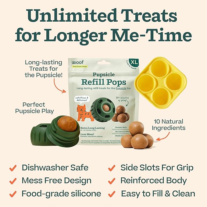 WOOF Starter Pack - Interactive Dog Ball Toy for Boredom - Dog Treat Molds Silicone - Chicken-Flavored Healthy Treats for Dogs - Pupsicle Doggy Enrichment Toy - for XL Pups - 75+ lbs