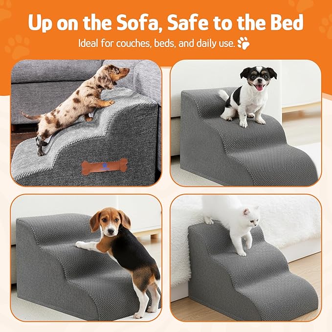Dog Stairs for Small Dogs, 3-Step Dog Ramp for Bed Chair and Couch, Pet Stairs for Cats with Durable Non-Slip Waterproof Cover, Indoor Pet Steps, Comfortable, Grey