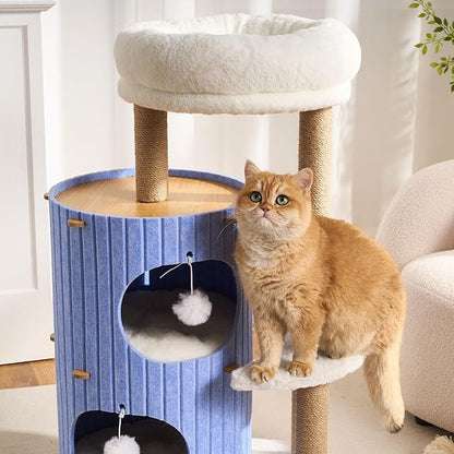 Modern Cat Tree for Indoor Cats Large Adult, 36in H Cat Tree Tower with Scratching Posts, Cozy Cat Bed Cave, Washable Cushions, Dangling Balls, Play&Nap Cat House Condo for All Breeds, Blue