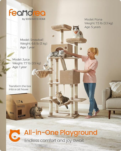 Feandrea Cat Tree, 81.1-Inch Large Cat Tower, Multi-Level Plush Condo with 13 Scratching Posts, 2 Perches, 2 Caves, Basket, Hammock, Pompoms, Camel Brown UPCT190K01
