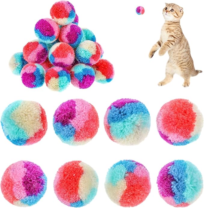 Bremorou 30 Pcs Cat Pom Pom Balls Soft Cat Balls Toy for Indoor Colorful Interactive Rainbow Toy Ball for Indoor Cats Kittens Training Playing Exercising Kitty Pet Interactive Play 1.2 Inches