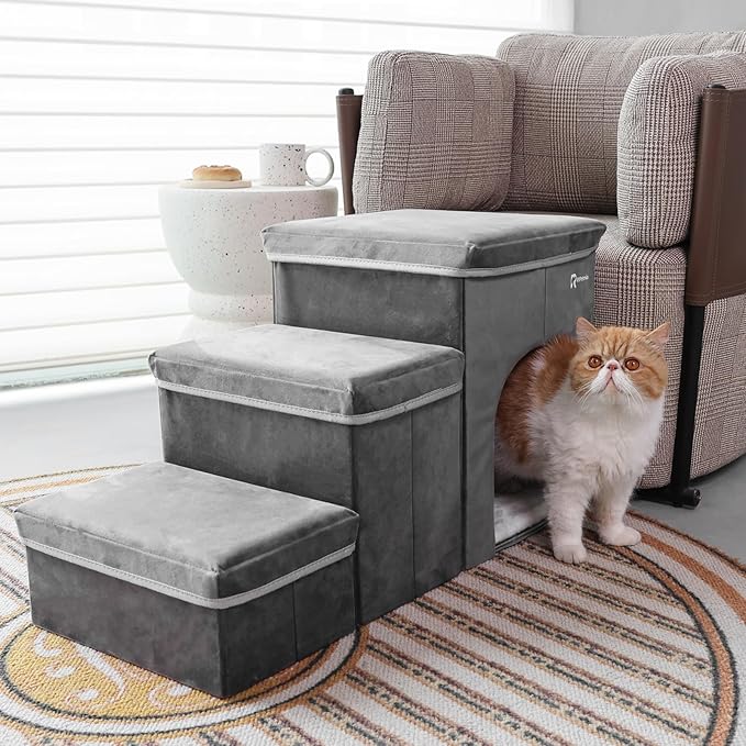Foldable Pet Stairs for Beds & Sofas - Non-Slip Dog Steps with Storage for Small to Medium Dogs & Cats, Supports up to 120 lbs - Durable 2 & 3-Step Doggie Ladder for Easy Access