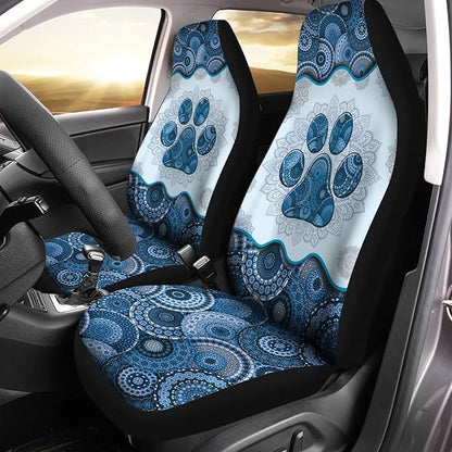 Blue Boho Mandala Dog Paw Printed Car Seat Cover only for Front, Waterproof Soft Universal Bucket Seats Cover Protector Fit Most Vehicles