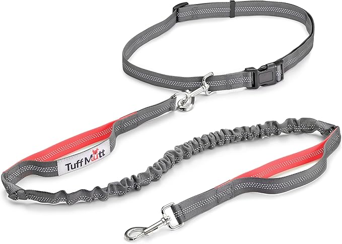 Tuff Mutt Hands Free Dog Leash for Walking Running Hiking, Waist Leash with Bungee, Adjustable Belt, Reflective Double Handle Design for Large Medium Dogs