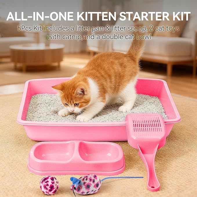 PAWISE Cat Litter Box Set, Small Kitten Starter Kit, Includes Litter Box, Litter Scoop, Double Dish Feeding Bowl, Cat Mouse Toy, Kitty Ball Toy, Pink