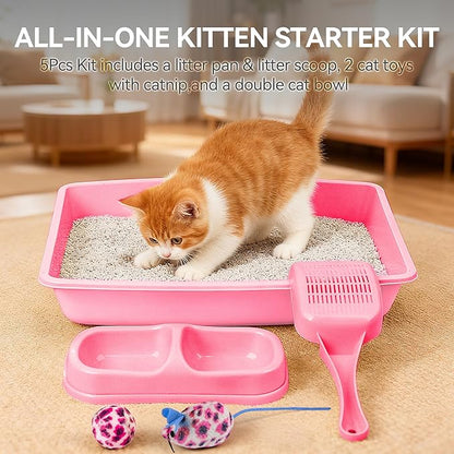 PAWISE Cat Litter Box Set, Small Kitten Starter Kit, Includes Litter Box, Litter Scoop, Double Dish Feeding Bowl, Cat Mouse Toy, Kitty Ball Toy, Pink