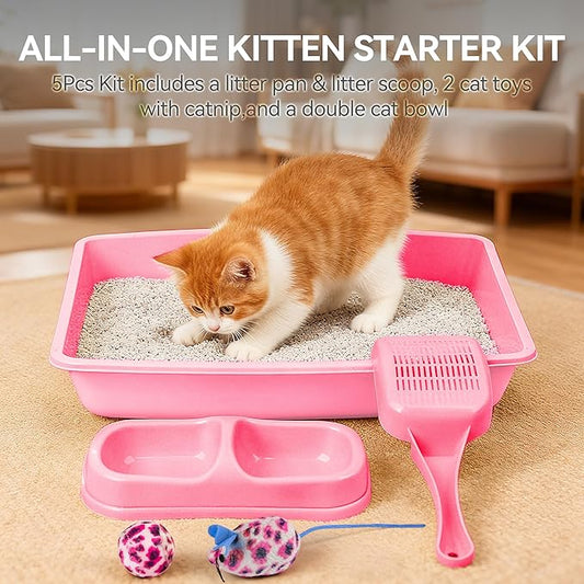 PAWISE Cat Litter Box Set, Small Kitten Starter Kit, Includes Litter Box, Litter Scoop, Double Dish Feeding Bowl, Cat Mouse Toy, Kitty Ball Toy, Pink