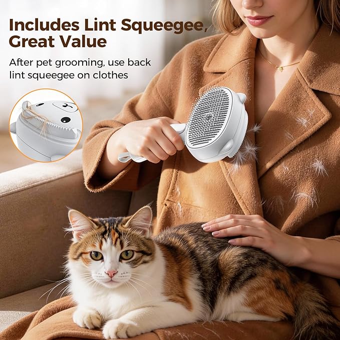 Self Cleaning Shedding Steam Cat Brush, Silicone Scraper Included Dog Brush, Adorable Bear Design, primecat, Cat Brushes for Shedding, USB Rechargeable, for Grooming & Haired Pets, Dogs & Cats, White