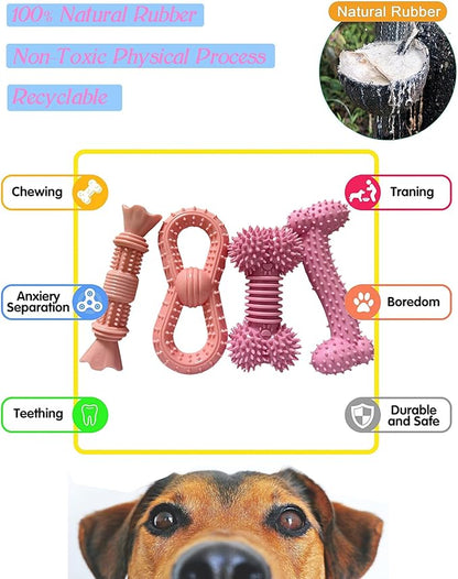 4 Pack Teething Toys Dog Durable Chew Toys Soft Rubber Toy Dog Teeth Cleaning Toothbrush Toy Cute Interactive Toys for Medium Large Breed(Medium,Pink)