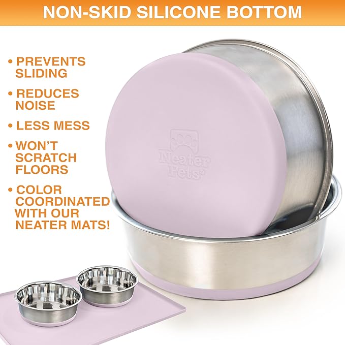 Neater Pet Brands Stainless Steel Dog Bowls with Non-Slip Rubber Bottom – 2 Cup (16 oz), Pink - Set of 2 Heavy Duty Metal Dog Bowls, Dishwasher Safe, Food or Water Bowl, Ideal for Small Dogs & Cats