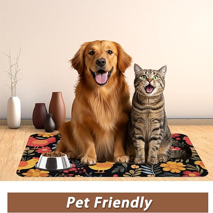 Chicken Rooster Hen Flower Meadow Dog Cat Food Mat,Absorbent Pet Feeding Mat with Rubber Backing,Non-Slip Water Bowl Placemat,Indoor Pet Accessories Supplies 12"x20"