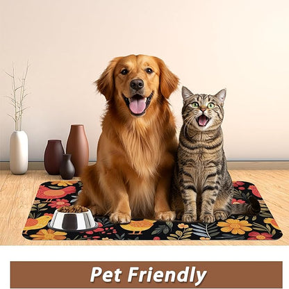 Chicken Rooster Hen Flower Meadow Dog Cat Food Mat,Absorbent Pet Feeding Mat with Rubber Backing,Non-Slip Water Bowl Placemat,Indoor Pet Accessories Supplies 12"x20"